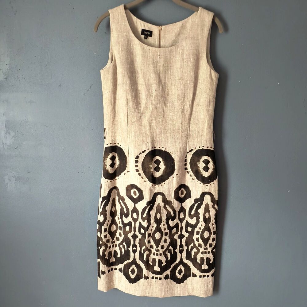 Hobbs London Sheath Dress 10 Linen Tan Brown Sleeveless Career Travel Vacation